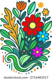 Plantilla de tarjeta digital, arreglo floral vibrante conveniente para el Diseño web, la marca, o los propósitos decorativos con colores vivos y diversas floraciones.