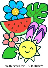 Plantilla de tarjeta digital, flores vibrantes de verano e ilustración de sandía adecuada para Anuncios, carteles y marketing de temporada.