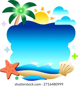 Plantilla de tarjeta digital, escena de playa vívida con puesta de sol, palmeras, conchas marinas, ideal para viajes y promociones de vacaciones.