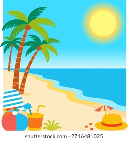 Plantilla de tarjeta digital, escena de playa vívida ideal para viajes, verano y promociones de ocio con palmeras, arena y océano.