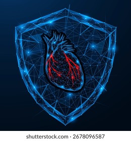 Protección cardiovascular digital del futuro. Un corazón humano con arterias rojas en el centro del escudo. Diseño poligonal de líneas y puntos interconectados, fondo azul.
