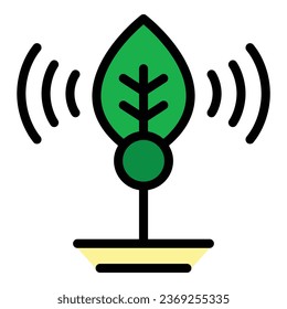 Vector de contorno de icono de la hoja de cuidado digital. Árbol de tecnología. Color de la salud energética plano