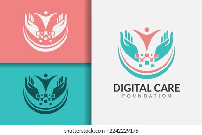 Diseño del logotipo de Digital Care. Resumen Humanidad Cuidado de Mano y Personas Combinadas con Concepto de Elemento Digital.