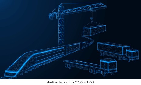 Digitaler Ladungsfluss. Turmkran, der einen Container von einem Lastkraftwagen zum Verladen auf einen Zug abhebt. Konzepte für Automatisierung, logistische Integration, intelligente Lieferketten und digitale Zustellung.
