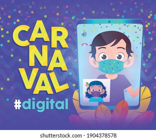 Digital Carnaval party practicing social distancing. People using tablet during video call. Flat illustration.