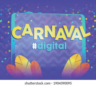 Digital Carnaval party practicing social detachment using tablet. Flat illustration.