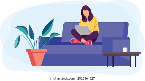 Digital carton of a girl working on a sofa. EPS