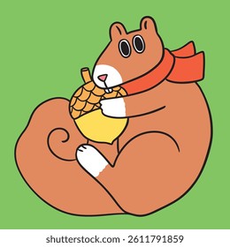 Digital cartoon illustration of a cute squirrel with acorns in autumn.
