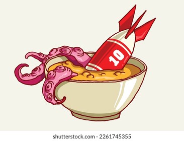 digital cartoon image of octopus soup and a missile on a bowl !