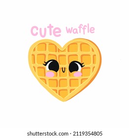 Digital cartoon print. Cute heart-shaped Viennese waffle with big eyes smiling. Cute waffle. Flat design.Hand drawn . You can use it as a print on clothes, poster or whatever you want!