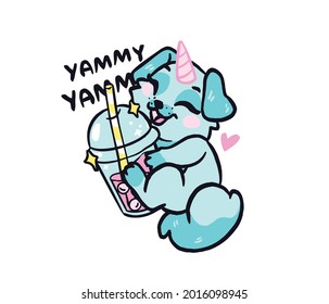 Digital cartoon printing. Cute unicorn puppy with cocktail.
You can use it as a print on clothes, poster  or whatever!