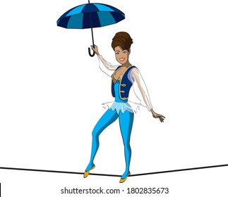 Digital cartoon style illustration of a female tightrope artist wearing tights holding an umbrella smiling and walking on a tightrope
