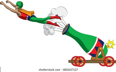 Digital cartoon style illustration of a male human cannonball wearing tights and cape being shot out of a cannon with arms out and flying through the air