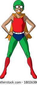 Digital cartoon style illustration of a male human cannonball wearing tights and cape standing with arms on hips and smiling