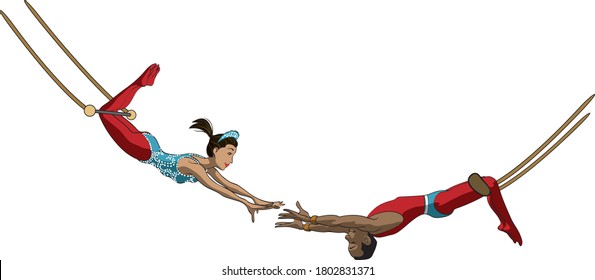 Digital cartoon style illustration of male and female trapeze artists wearing tights and swinging holding out hands