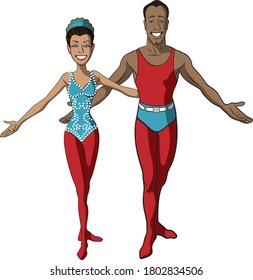 Digital cartoon style illustration of male and female trapeze artists standing wearing tights and smiling and holding out hands