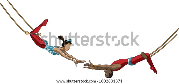 Digital\
cartoon style illustration of male and female trapeze artists\
wearing tights and swinging holding out\
hands