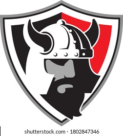 Digital cartoon style vector illustration of male viking warrior wearing a helmet with beard in front of a shield