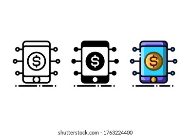 Digital cash icon. With outline, glyph, and filled outline style