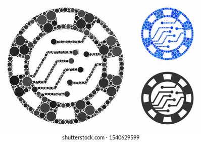 Digital casino chip composition of small circles in different sizes and shades, based on digital casino chip icon. Vector filled circles are combined into blue composition.