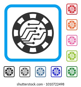 Digital Casino Chip icon. Flat grey pictogram symbol inside a blue rounded squared frame. Black, gray, green, blue, red, pink color additional versions of digital casino chip vector.