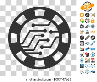 Digital Casino Chip pictograph with bonus bitcoin mining and blockchain clip art. Vector illustration style is flat iconic symbols. Designed for cryptocurrency software.