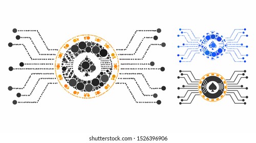 Digital casino circuit composition for digital casino circuit icon of round dots in various sizes and color tones. Vector circle elements are grouped into blue illustration.