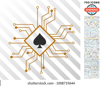 Digital Casino Circuit icon with 700 bonus bitcoin mining and blockchain pictographs. Vector illustration style is flat iconic symbols designed for crypto-currency websites.