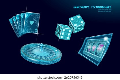 Digital casino elements set futuristic design. Playing cards, dice, roulette wheel, slot machine visible. Online gambling app entertainment, technology concepts. Low poly style, blue background