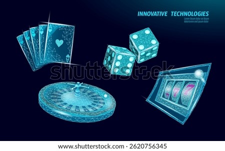 Digital casino elements set futuristic design. Playing cards, dice, roulette wheel, slot machine visible. Online gambling app entertainment, technology concepts. Low poly style, blue background