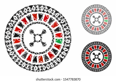 Digital casino roulette composition of abrupt items in variable sizes and color tints, based on digital casino roulette icon. Vector rough items are composed into composition.