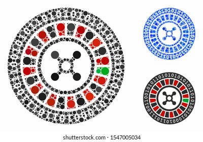 Digital casino roulette composition of filled circles in variable sizes and color hues, based on digital casino roulette icon. Vector small circles are composed into blue collage.