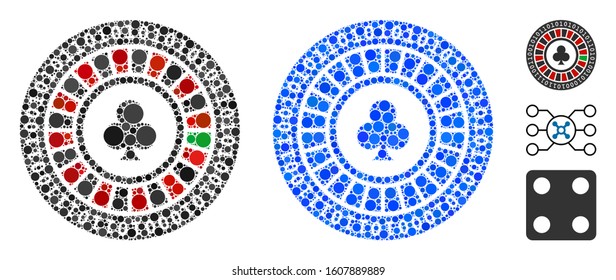 Digital casino roulette composition of filled circles in different sizes and color hues, based on digital casino roulette icon. Vector filled circles are composed into blue illustration.