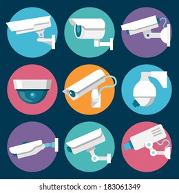 Digital CCTV multiple security cameras color stickers set isolated vector illustration