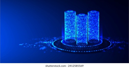 Digital cells battery from gloving particles. Fast charging technology concept. New research and development batteries.