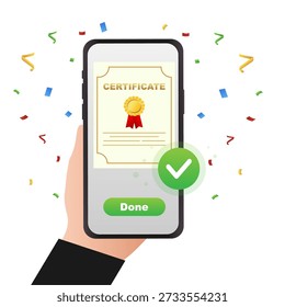 Digital Certificate Approved on Mobile Phone with Check Mark. Vector illustration