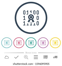 Digital certificate flat color icons in round outlines. 6 bonus icons included.