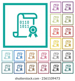 Digital certificate flat color icons with quadrant frames on white background