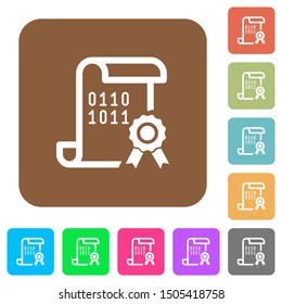 Digital certificate flat icons on rounded square vivid color backgrounds.