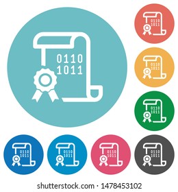 Digital certificate flat white icons on round color backgrounds