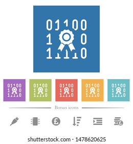 Digital certificate flat white icons in square backgrounds. 6 bonus icons included.