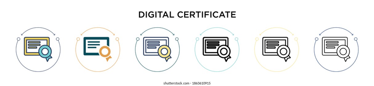 Digital certificate icon in filled, thin line, outline and stroke style. Vector illustration of two colored and black digital certificate vector icons designs can be used for mobile, ui, web