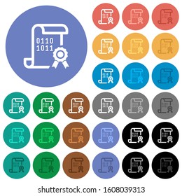 Digital certificate multi colored flat icons on round backgrounds. Included white, light and dark icon variations for hover and active status effects, and bonus shades.