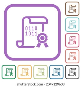 Digital certificate simple icons in color rounded square frames on white background