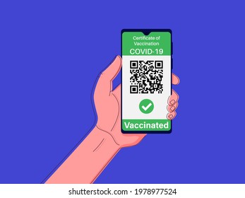 Digital certificate of vaccination against covid 19 concept. Hand keeping phone. Health passport application. Check mark and qr code on the screen. Vector illustration