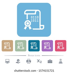 Digital certificate white flat icons on color rounded square backgrounds. 6 bonus icons included