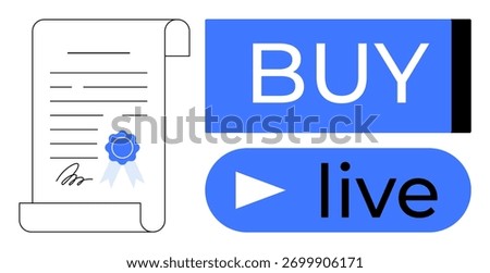 Digital certification document with seal and signature beside blue BUY and live buttons with a play icon. Ideal for e-commerce, online shopping, digital transactions, certifications, interactive
