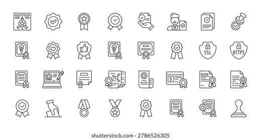 Digital Certification icons in line design. digital, certification, verification, security, validation, document, approval on white background vector. Digital Certification editable stroke icon