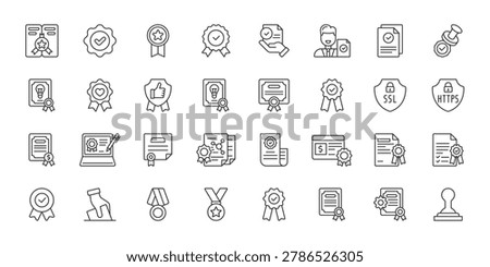 Digital Certification icons in line design. digital, certification, verification, security, validation, document, approval on white background vector. Digital Certification editable stroke icon