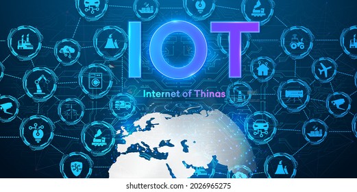 The digital chain of the Internet of Things. Wireless technology, a connected device and a smart home network. Internet of Things industry. Spider network connections with on blue background